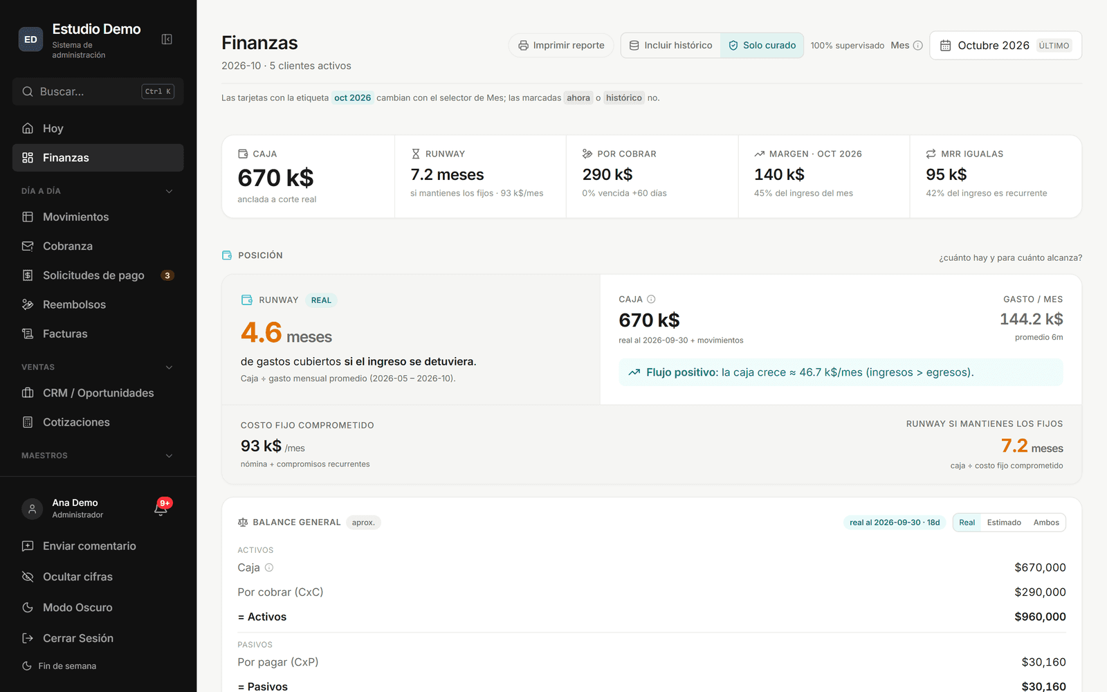 Director view: cash position, runway, receivables, monthly margin and recurring revenue on one screen